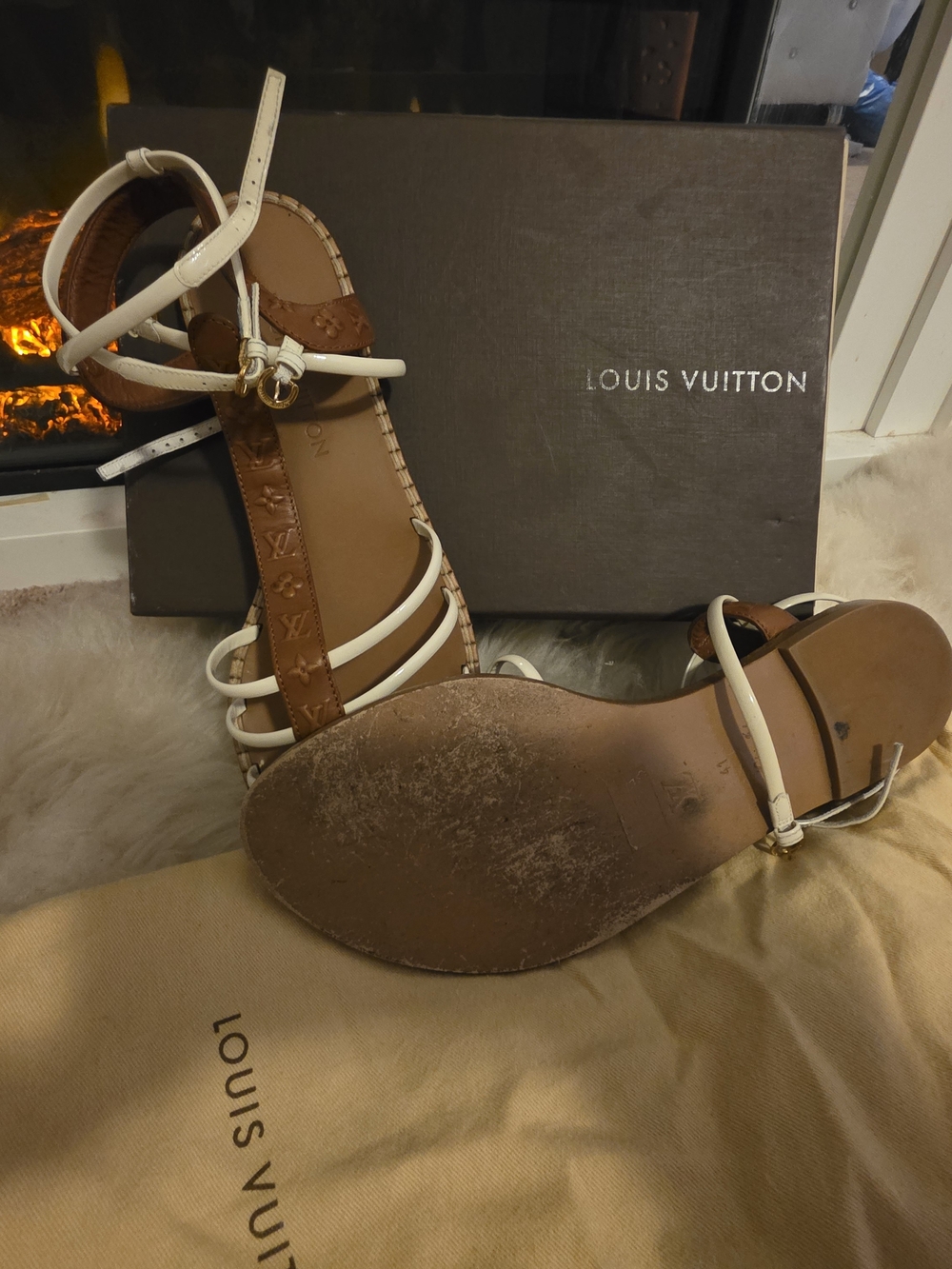Louis Vuitton White and Brown Monogram Strap Gladiator Sandals